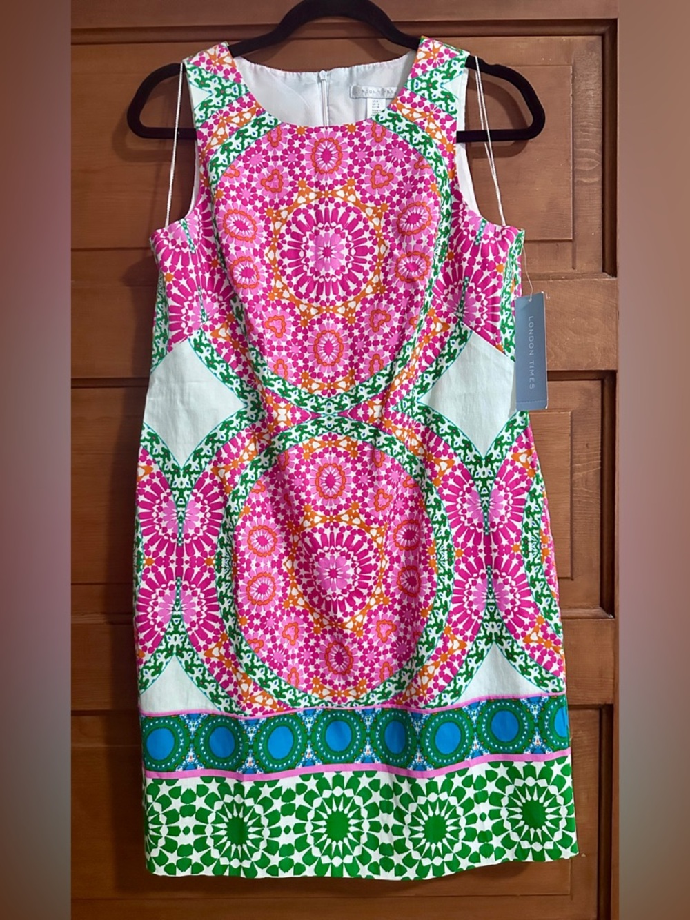 London Times Pink & Green Patterned Sleeveless Shift Dress, NEW NWT Size 8
